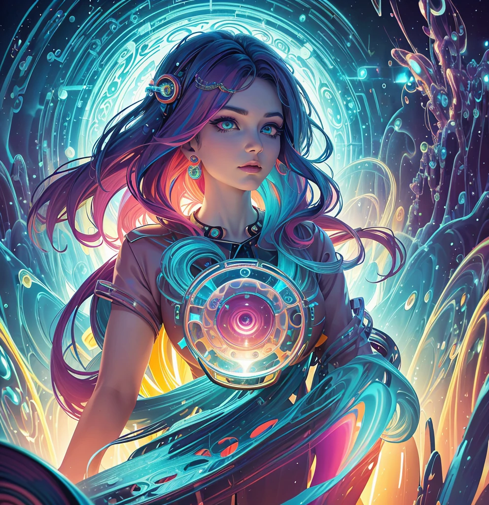 Close-up of a woman with colorful hair and a circular painting, Beeple and Jeremiah Kettner, Psychic Trance Artwork, Trippy Art, Visionary artistic style, Psychedelic Art style, Psychedelic Surreal Art, Psychedelic Art, Psychedelic Goddess, Colorful digital fantasy art, Psychedelic Artwork, Psychedelic Organic Cyborg, Psychedelic multicolor, DMT Color、fortune teller、Head-on