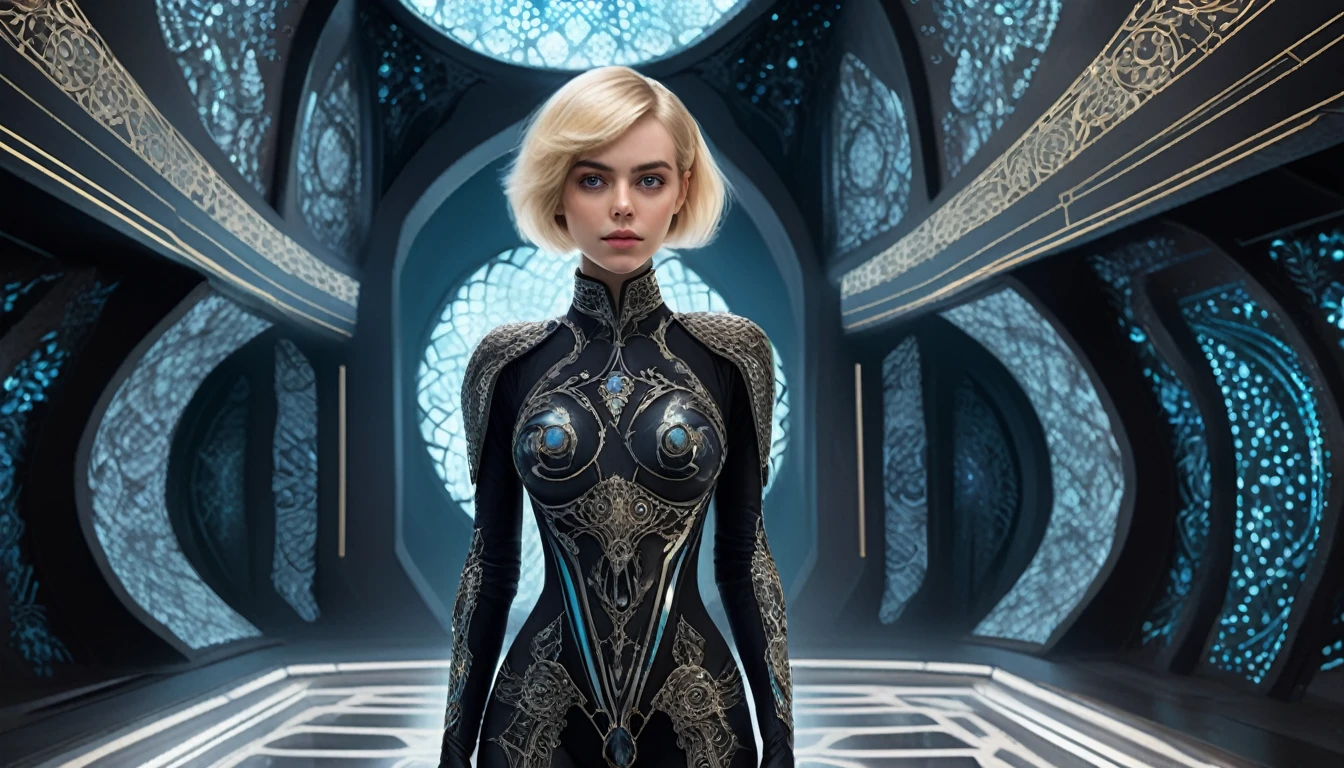 (full body with legs  with feet ,Same character different poses ) breathtaking concept art of a girl, short blonde hair, perfect face, medium breasts, wearing a black armored (revealing:1.2) intricate ornate body suit, seductive pose, inside of a slimy organic shaped (surreal:1.2) alien building, (glowing stardust particles and aquamarine veins covering the black bone walls:1.3), (full body:1.4), mystic, science fiction, highly detailed, high contrast, 8k, award winning