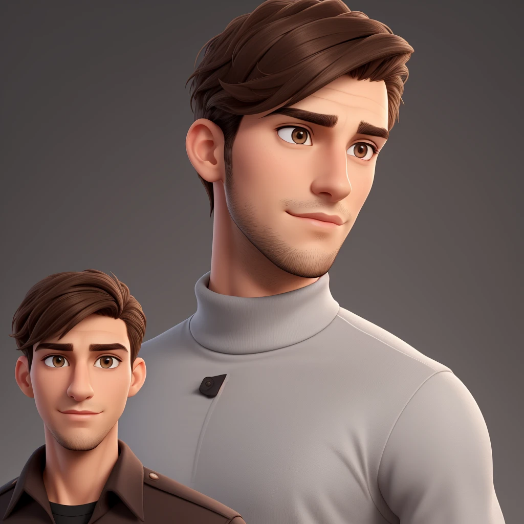 An incredibly handsome and attractive young man in his 30s with short dark brown hair and light brown eyes, angular jaw, box face, medium beard, tall and slim & wearing a white turtle neck shirt. Dark grey background and studio lighting, yearbook pose, character close up, character headshot, character close up.