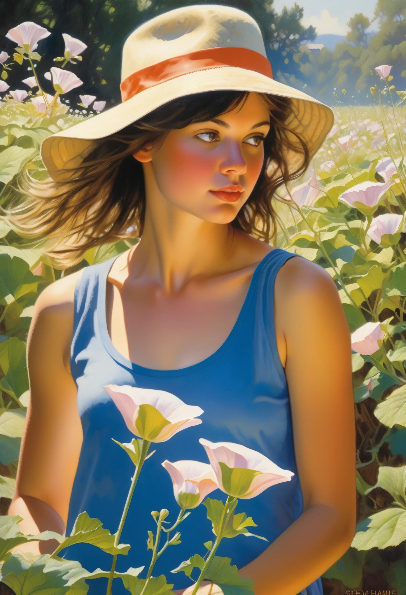 painting of a pale-skinned muscular brunette 18-year-old girl resembling Millie Bobby Brown with huge breasts in the style of Norman Rockwell, standing confidently in a sunlit park, naked, vibrant flowers surrounding her, a gentle breeze tousling her hair, a soft smile on her face, detailed background with a blue sky and fluffy clouds, warm color palette