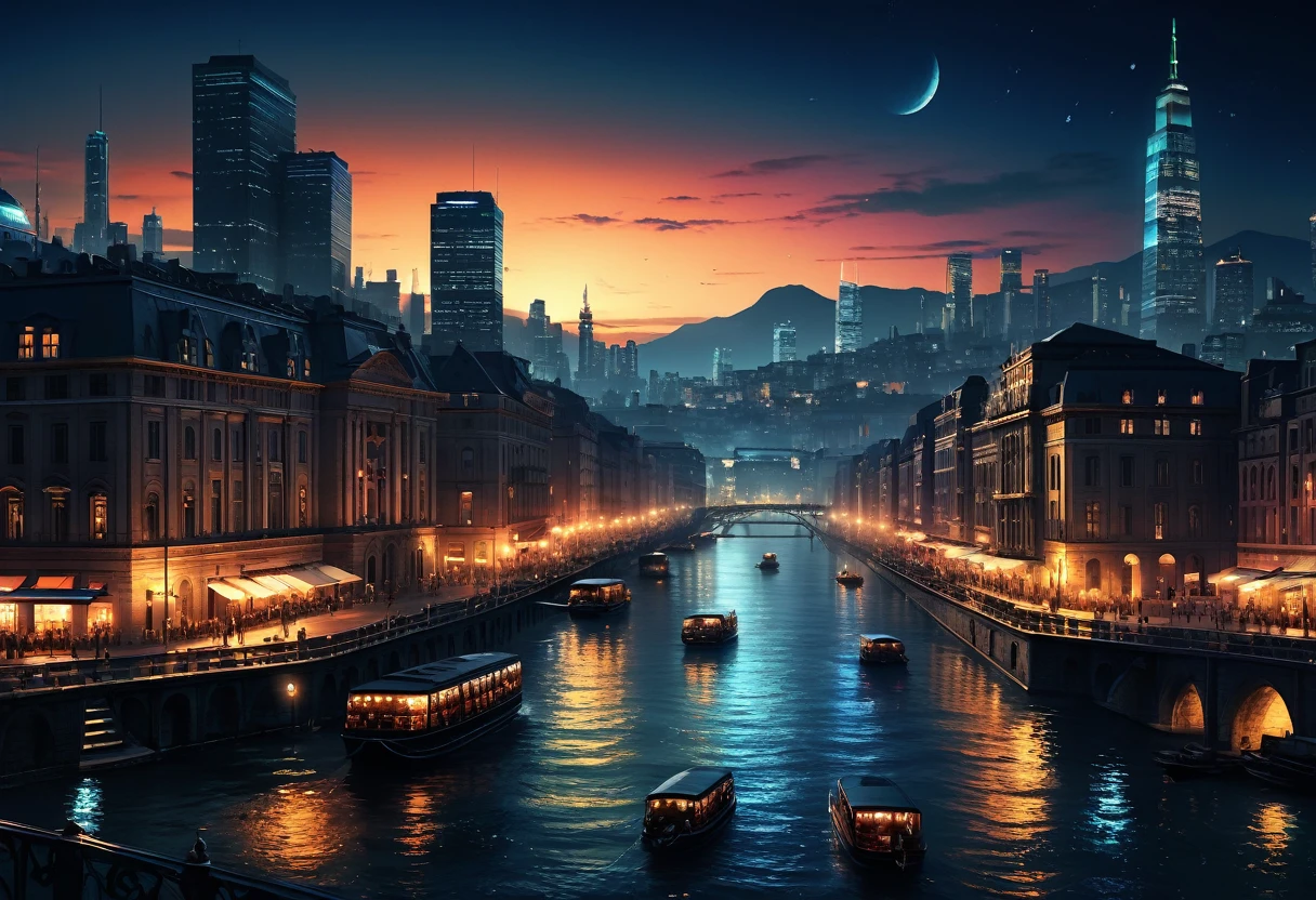 City night view (bustling city at night in the background) (great works: 1.3), (best quality: 1.1) (masterpieces: 1.3) with unparalleled masterpieces, surreal 8K, perfect artwork, super details, best quality, masterpieces 4K wallpaper aesthetics, masterpieces, award-winning artwork, official art, cinematic lighting