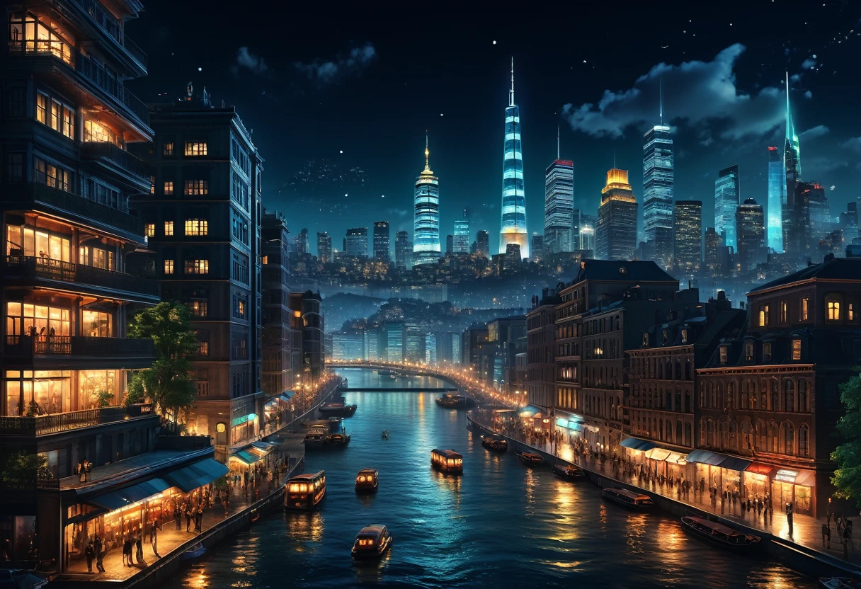 City night view (bustling city at night in the background) (great works: 1.3), (best quality: 1.1) (masterpieces: 1.3) with unparalleled masterpieces, surreal 8K, perfect artwork, super details, best quality, masterpieces 4K wallpaper aesthetics, masterpieces, award-winning artwork, official art, cinematic lighting