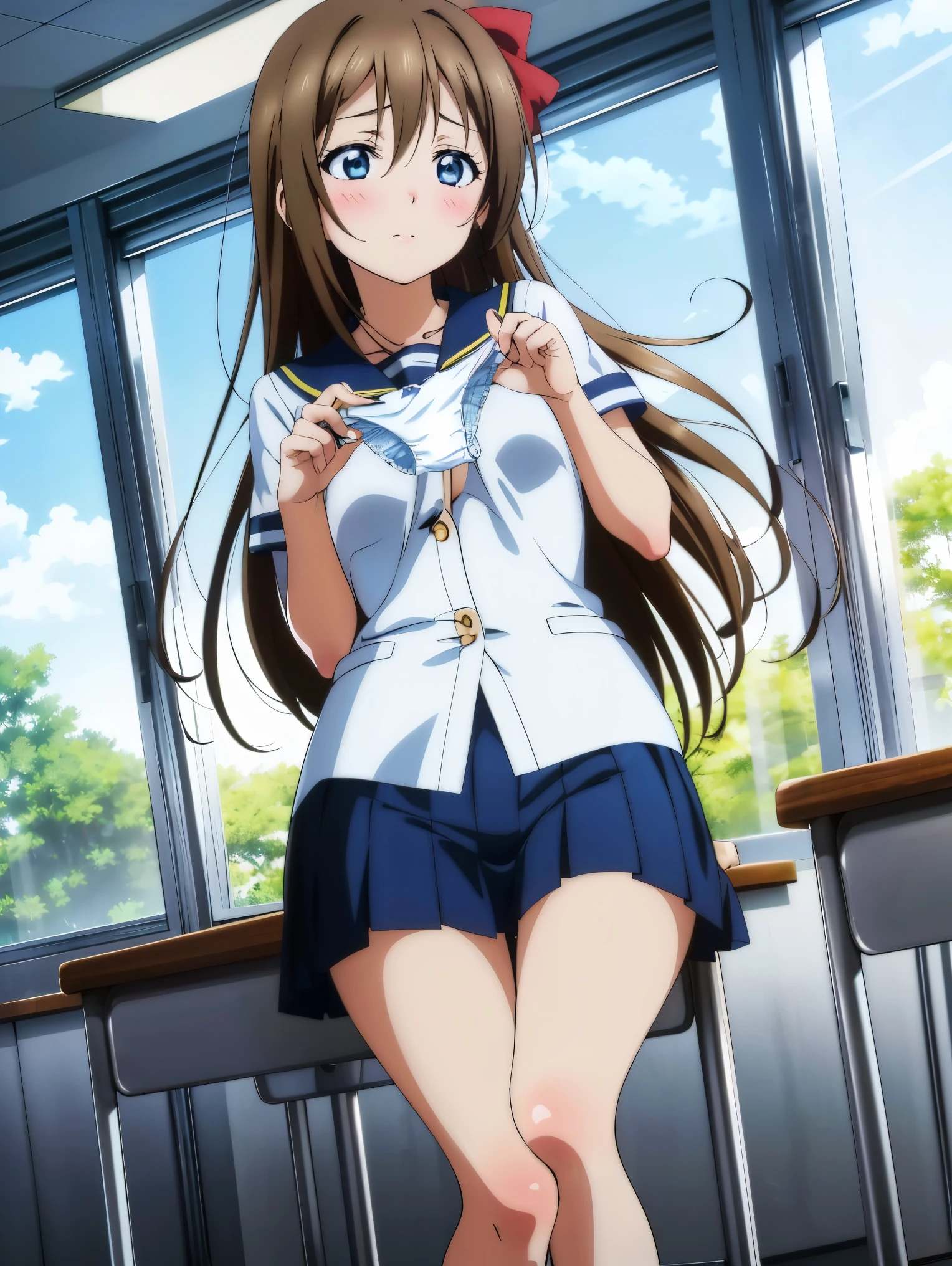 Osaka Prefecture, Long Hair, Hair Ribbon, blue eyes, Black Hair, Straight hair, Nijigasaki University ,(((masterpiece, Highestquality, High resolution, 超High resolution, Pixel Perfect, Written boundary depth, 4K, RTTX10.0))), Beautiful Anime Women, Beautiful art style, Anime characters, ((Smooth texture, Realistic texture, Anime CG style)), Exact finger count、Exact number of legs、(Exact number of arms:1.0, Exact number of hands:1.0), (Perfect hands, Perfect Anatomy), Cinematic, Realistic, 非常にdetailedなCG, Daytime lighting, Perfect lighting, Highestの影, Highestの自然光, whole body, Perfectly balanced style, Perfectly balanced body, Slender body, whole body, ((Cute woman standing、She is showing her panties in her hands:1.5)), (Fashionable white shirt, Sailor collar, Knee-high socks, loafers, Navy pleated mini skirt:1.3), ((Sexy and cute panties, (Stylish shiny satin blue panties:1.2), Small lace panties:1):1.3), (Beautiful and very large breasts:1.1), (Feeling embarrassed, (blush:1.2), (Embarrassed expression:1.5), (In the school classroom:1.5), Angle from the front, holding panties, Panties as a gift, Glare　Glare　dissatisfaction　hatred　(Sit with your legs apart), (Crouching pose), (Panties), (Her legs were spread、I can see your pants.), (I was made to sit on the floor with my legs spread...), (M-shaped feet),Browsing Caution,(masterpiece, Highest_quality, expensive_solve, expensive_detailed:1.4),(Vibrant colors,Crystal clear image quality:1.4), (One Girl, alone:1.2), detailedな背景, (View your audience, alone focus:1.2), Light on the face, null, blue null, Cowboy Shot,Low Angle,The viewer looks up from below, Written boundary depth, scenery, , (Perfect hands, Perfect Anatomy),