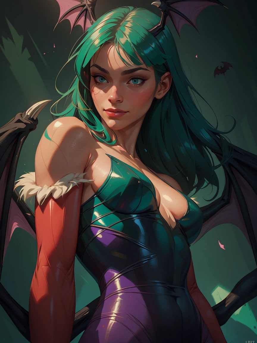 Realistic oil paint portrait of Morrigan Aensland, hot Body, Dynamic sensual pose, soft smile, long green hair, (((Bat wings))) , detailed skin Textures, intricate, detailed face, hyperrealistic, realistic light and shadows , ((cinematic lighting)) . Abstract paint background. Poetic, dramatic. 