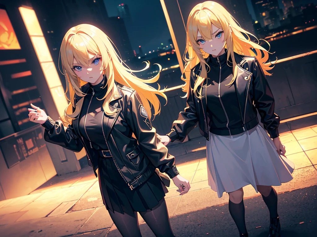 anime, Style, a blonde lhaired girl, black jacket, black skirt, walking on a futuristc city with neon lights ,(best quality, 4k, 8k, high resolution, obra-prima: 1.2), ultra-detailed, (realista, fotorealista, foto-realista: 1.37) colorido com vibrantes cores, soft lighting
