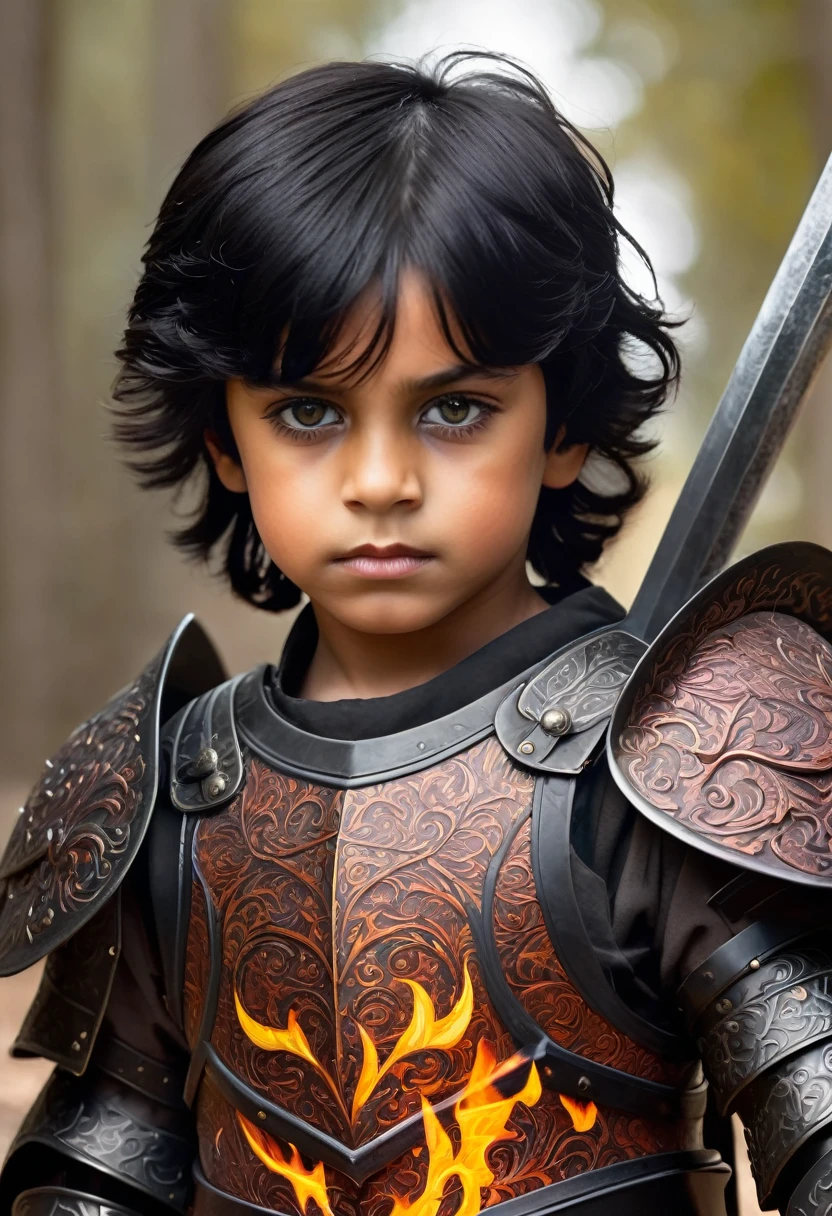 a young boy hybrid with black hair and shadowy eyes, rustic armor, flaming sword