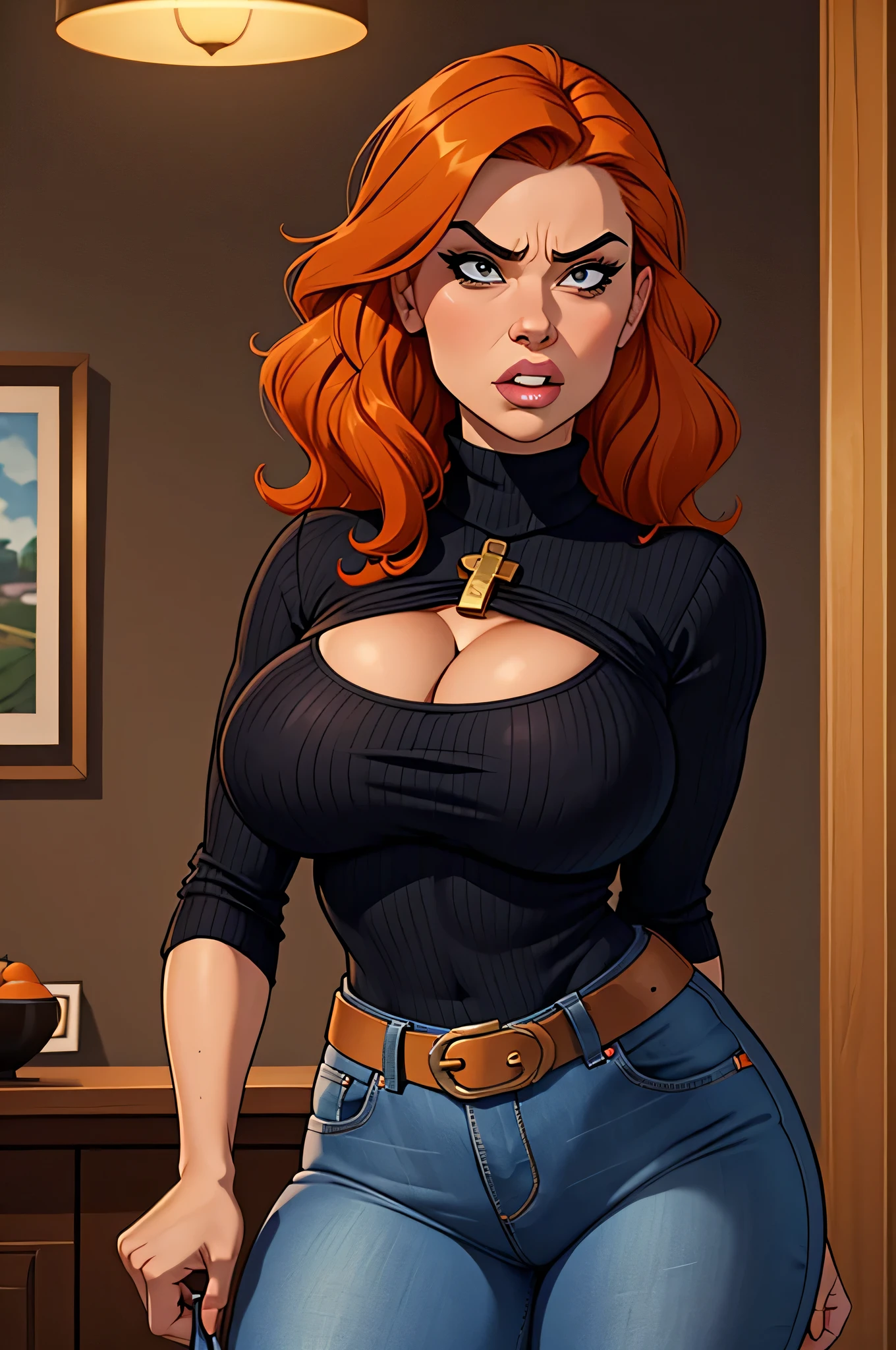 1 female, normal size breast, shortstack, annoyed look, housewife, neckleace, Black turtleneck, hair orange, Wavy hair, crossed arms, tight denim, work of art, Oblique eyes, realistic lips, protruding tooth, work of art, 4K.