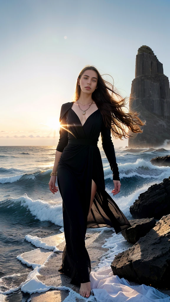 hyper realistic, stunning woman ,beautiful perfect bright Blue eyes, very beautiful mesmerizing face,windy day, Golden bracelets and necklaces, long hair is waving in the wind ,(official art, beautiful and aesthetic:1.2), extremely detailed, highest detailed, pale skin, the creamy smooth skin,( long monolith blocks and columns, star and nebulas at the horizon , calm sea at the scene), black dark post- modern dress is waving at the wind, strong light, backlighting, withered vegetation, thread, glass, strong shadow, close-up, fog, futuristic fashion, modern art, movement, Post-apocalyptic, Biofabric, Gothic wind,bright light on face , sunset , yellowish red rays at the sky ,