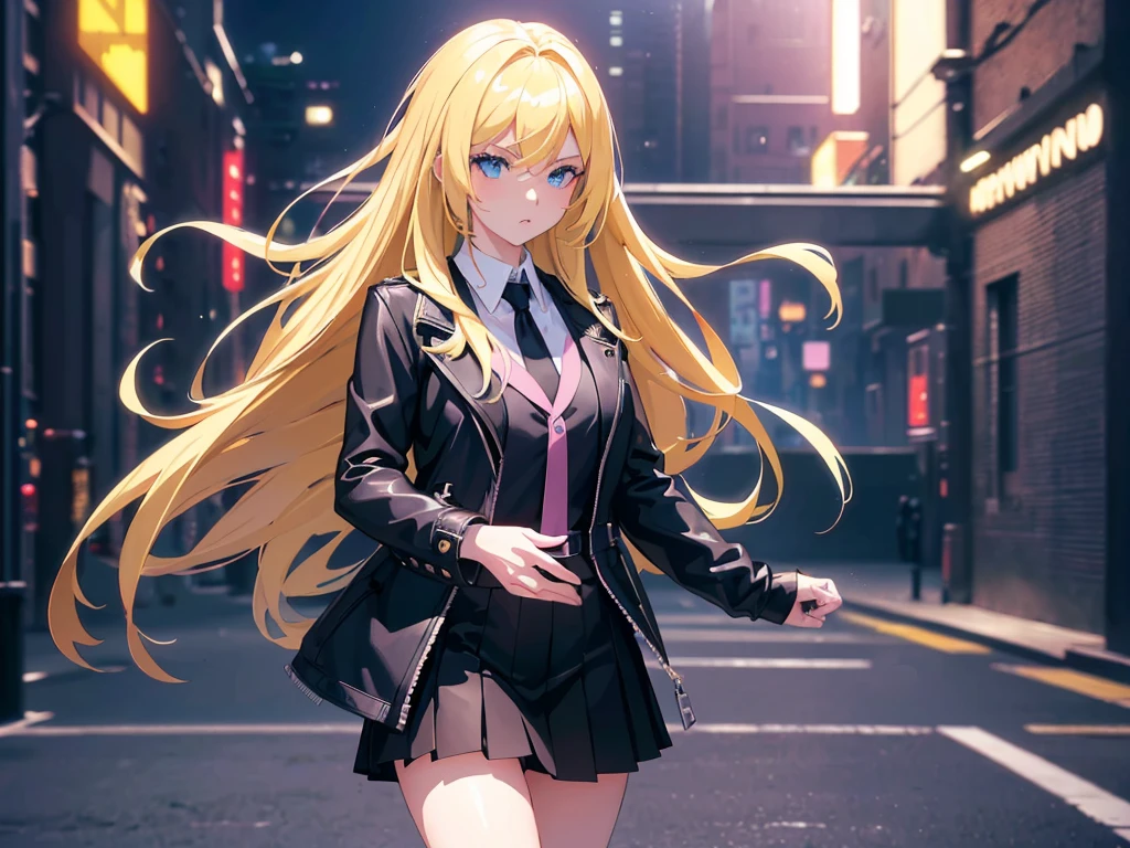 anime, Style, a blonde lhaired girl, black jacket, black skirt, walking on a futuristc city with neon lights ,(best quality, 4k, 8k, high resolution, obra-prima: 1.2), ultra-detailed, (realista, fotorealista, foto-realista: 1.37) colorido com vibrantes cores, soft lighting