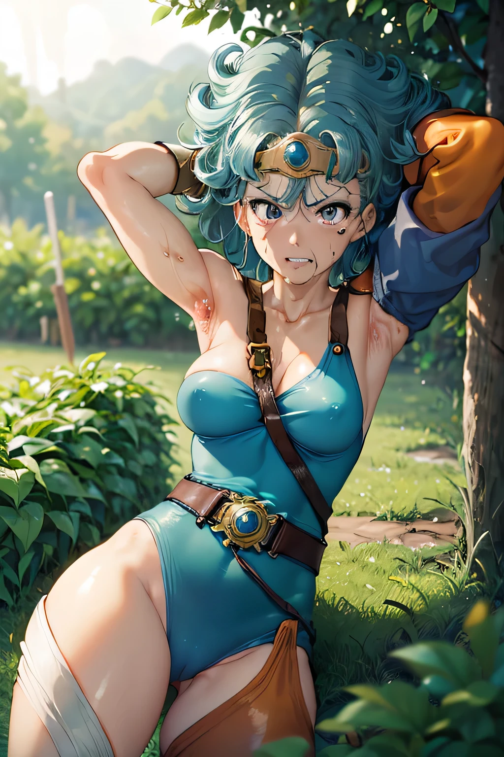 masterpiece、1 beautiful girl、Beautiful Eyes、smile、Puffy eyes、Highest quality, 超High resolution,, Cinema Lighting、Japanese、Asian Beauty、Korean、so beautiful、Beautiful Skin、Body facing forward、Depict the whole body,(High resolution)、(8k)、(Very detailed)、(Beautiful eyes)、(Very detailedな)、 Detailed face、Bright lighting、Professional Lighting、Looking at the audience、Look straight ahead、diagonal bangs、Bright light Blue Hair、Nogizaka Idol、20-year-old、masterpiece, Highest quality, Very detailedな, shape, wise_(dq3),Long Hair, Blue Hair, Circlet, Red eyes,Small breasts, Yellow gloves, White Dress, belt, cape, boots,Draw every detail、(((Mummification \(bound\), bandage,Outdoor,Cowboy Shot, Place your arms behind your back、The arms are wrapped in bandage along with the body, restricting movement.、(((I am being squeezed and writhing in pain))))))
