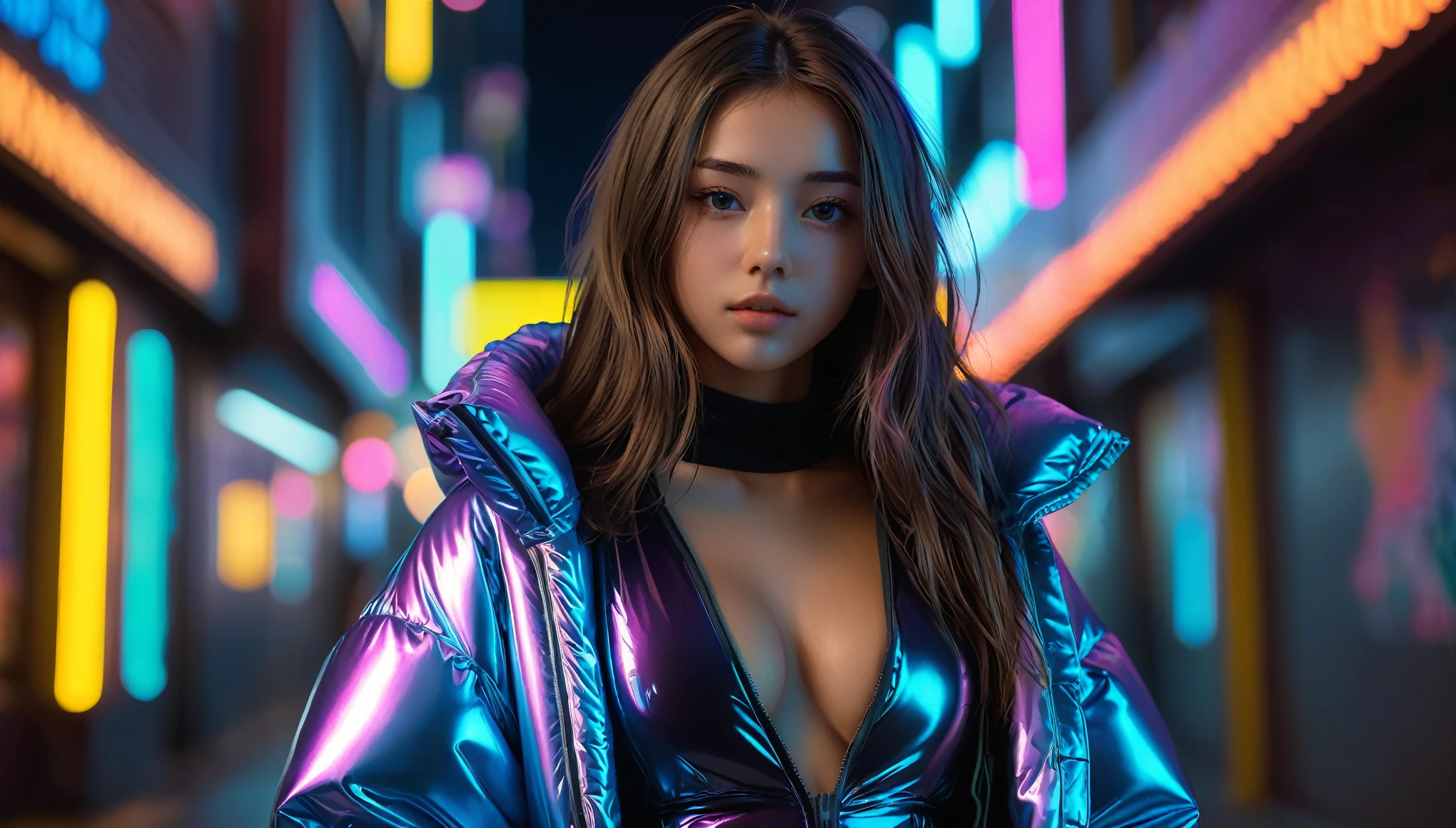 Top Quality, Masterpiece, High Resolution, 8k, (((cute skinny barely legal girl in oversized shiny puffer with plunging neckline, small perky breasts, beautiful detailed eyes, beautiful detailed lips, small closed mouth, extremely detailed face, tanned skin, random long hair style, small hips))), cyberpunk, moody atmosphere, dramatic and random neon colors, futuristic setting, intricate details, at night, backlit, random neon color, full body shot, view from distance, random pose
