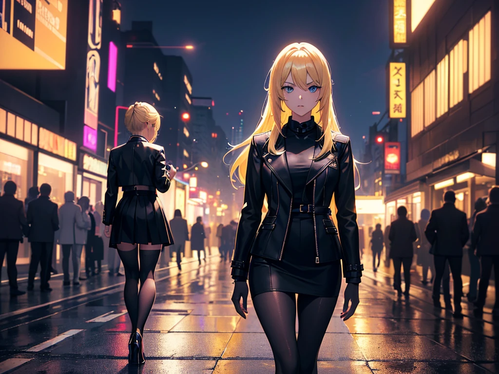 anime, Style, a blonde lhaired girl, black jacket, black skirt, walking on a futuristc city with neon lights ,(best quality, 4k, 8k, high resolution, obra-prima: 1.2), ultra-detailed, (realista, fotorealista, foto-realista: 1.37) colorido com vibrantes cores, soft lighting