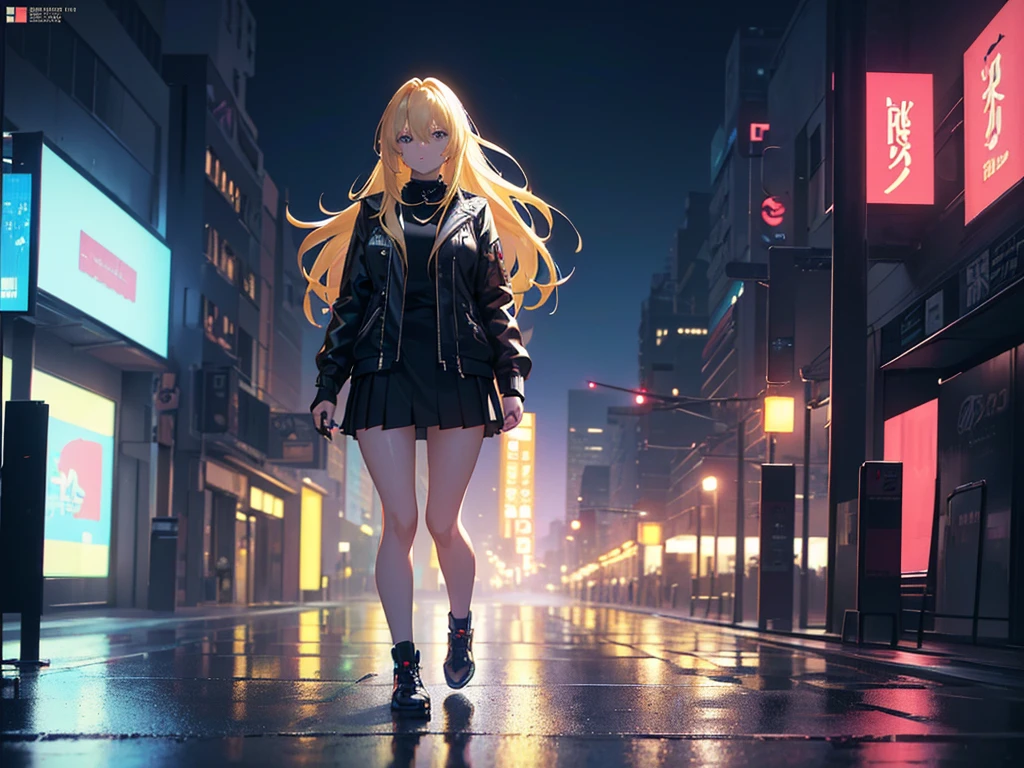 anime, Style, a blonde lhaired girl, black jacket, black skirt, walking on a futuristc city with neon lights ,(best quality, 4k, 8k, high resolution, obra-prima: 1.2), ultra-detailed, (realista, fotorealista, foto-realista: 1.37) colorido com vibrantes cores, soft lighting