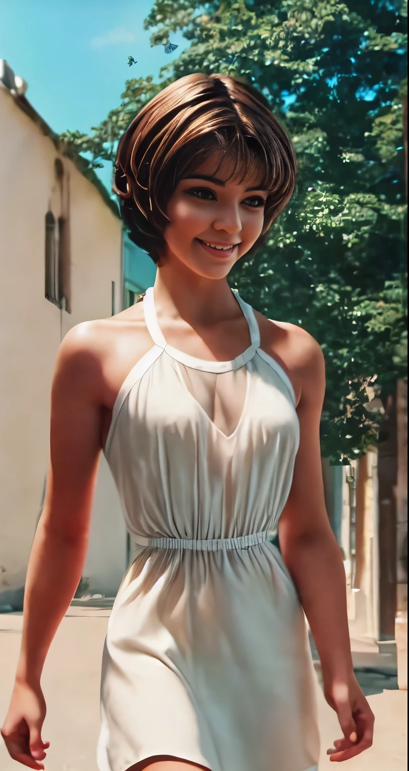 perfect accurate white teeth, very young girl, alisa, loose minidress, sexy dress, see-through transparent dress, perfect small breasts, (short brown hair:1.4), disheveled hair, (perfect light brown eyes:1.4), big brightness eyes, 16k, masterpiece, realistic style, outdoors, perfect fingers