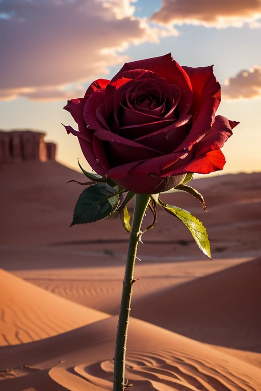 Generate a colorful and vigorous rose in the background in an arid and cloudy desert