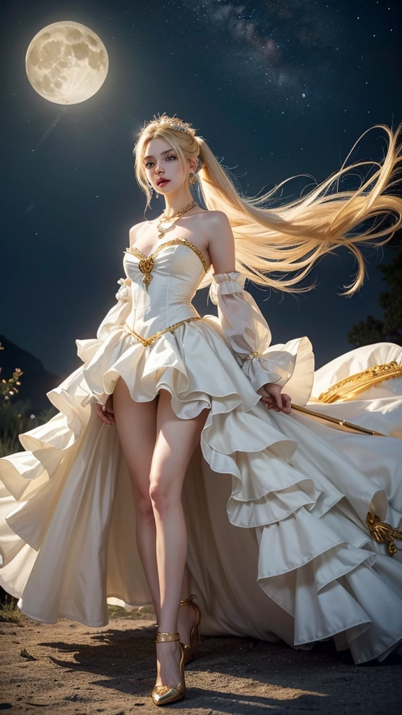 pretty girl, masterpiece, Highest Quality, (Solo full body Focus), (Perfect face:1.1), (high detailing:1.1), (ultradetailed eyes), Dramatic, woman with pale skin and long voluminous yellow hair, blue eyes, Solo, Long hair, Moon, Night, white luxury long drees with frills, Covered navel, Pouty lips, arrogant expression, rose garden, Detailed background, Art by Artgerm, Cinematic lighting, roses, Fashion, BalenciagaStyle, full body, long drees, magical girl, long yellow hair with two high pony tail, full body details, two leg, two arm, holding moon staff, moon scepter, high heels, white dress, magical dress, hourglass figure, small nose, red lips, small nose, white skin, earrings, rings, necklace, bracelet, jewelry, full body details, long white dress with frills and gold details, gold details, on her forehead gold moon symbol, in her hands long moon Staff scepter, magical girl, long wavy yellow hair with two high pony tail, on the dress frills, long moon Staff A little pretty , big breasts, big , realistic picture, white dress with frills, gold jewelry, gold details on the dress, hourglass figure, long dress with frill, yellow hair, two high long pony tail,