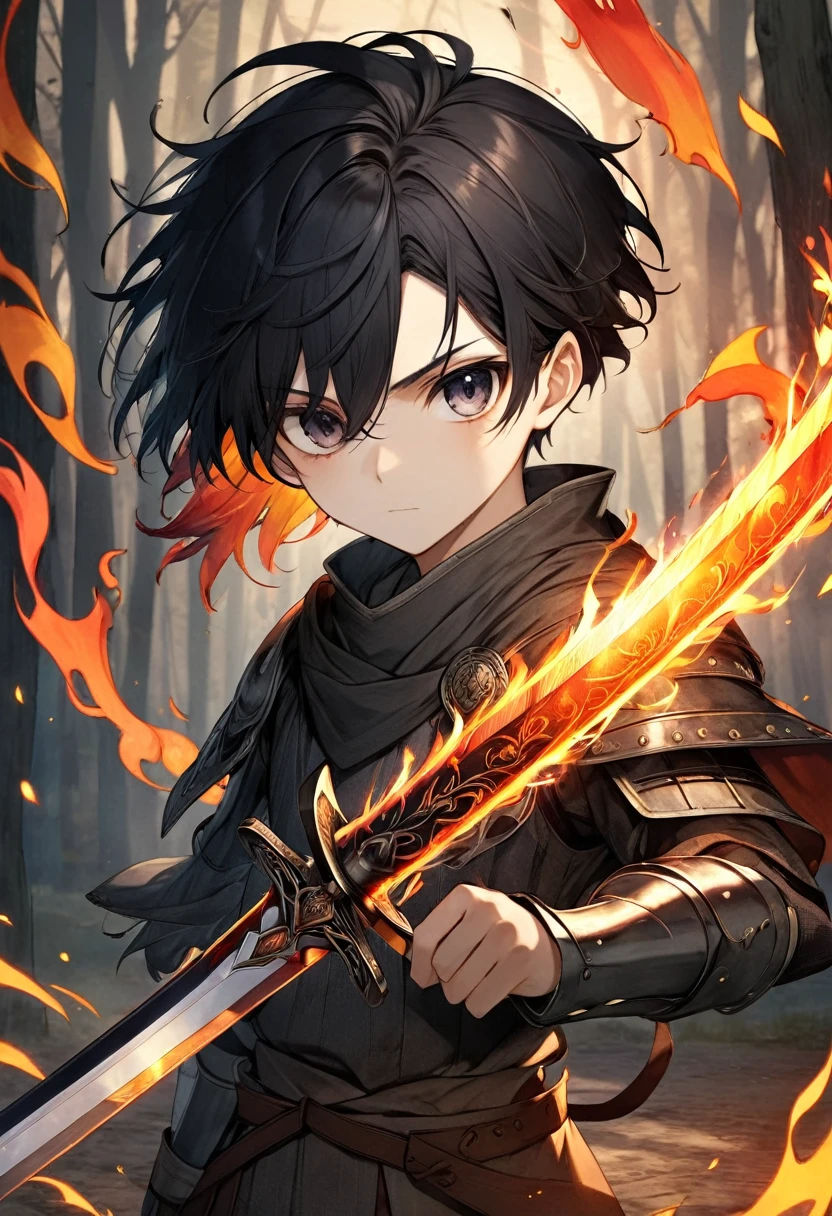 a young boy hybrid with black hair and shadowy eyes, rustic armor, flaming sword