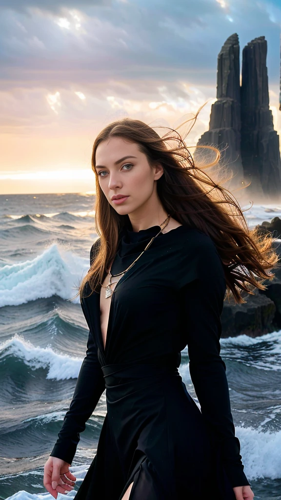 hyper realistic, stunning woman  ,beautiful perfect bright Blue eyes, very beautiful mesmerizing face,windy day, Golden bracelets and necklaces, long hair is waving in the wind ,(official art, beautiful and aesthetic:1.2), extremely detailed, highest detailed, pale skin, the creamy smooth skin,( long  monolith blocks and columns, star and nebulas at the horizon , calm sea at the scene), black  dark post- modern dress is waving at the wind, strong light, backlighting, withered vegetation, thread, glass, strong shadow, close-up, fog, futuristic fashion, modern art, movement, Post-apocalyptic, Biofabric, Gothic wind,bright light on face , sunset , yellowish red rays at the sky , close up photo 