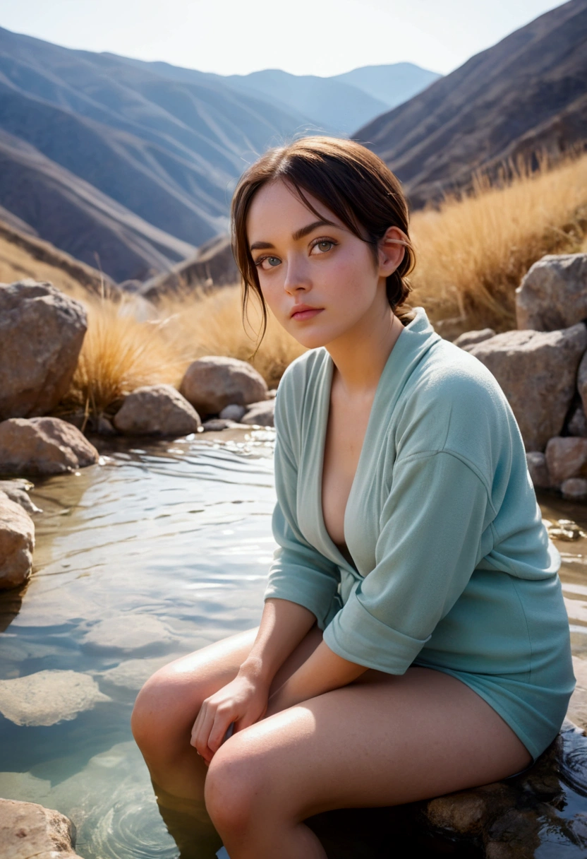 a woman with light eyes sitting in a hot spring on the side of a mountain.