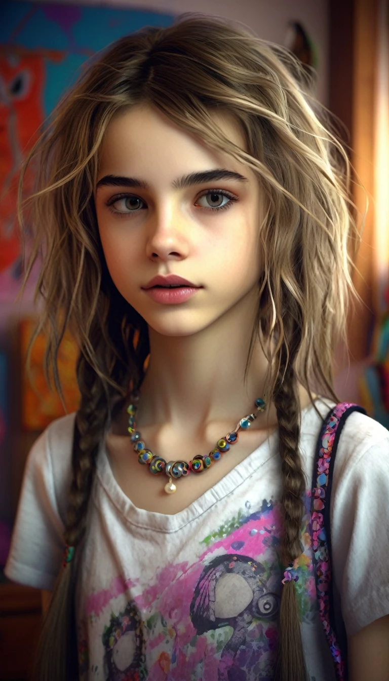  girl in her bedroom, with big toys ,skinny, slim, strange, Gentle, hair decoration , very detailed realistic texture, digital painting, very detailed photo