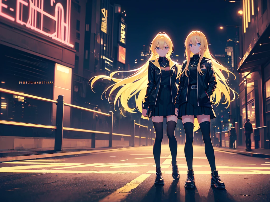 anime, Style, a blonde lhaired girl, black jacket, black skirt, walking on a futuristc city with neon lights ,(best quality, 4k, 8k, high resolution, obra-prima: 1.2), ultra-detailed, (realista, fotorealista, foto-realista: 1.37) colorido com vibrantes cores, soft lighting