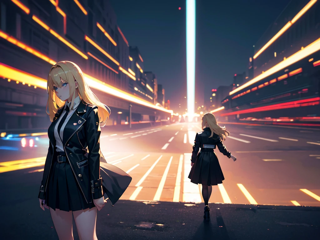 anime, Style, a blonde lhaired girl, black jacket, black skirt, walking on a futuristc city with neon lights ,(best quality, 4k, 8k, high resolution, obra-prima: 1.2), ultra-detailed, (realista, fotorealista, foto-realista: 1.37) colorido com vibrantes cores, soft lighting