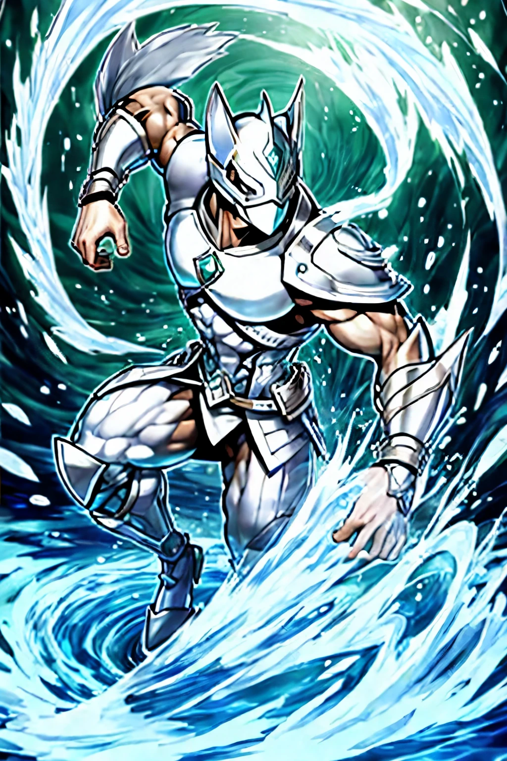 Silver male masked warrior overflowing water power