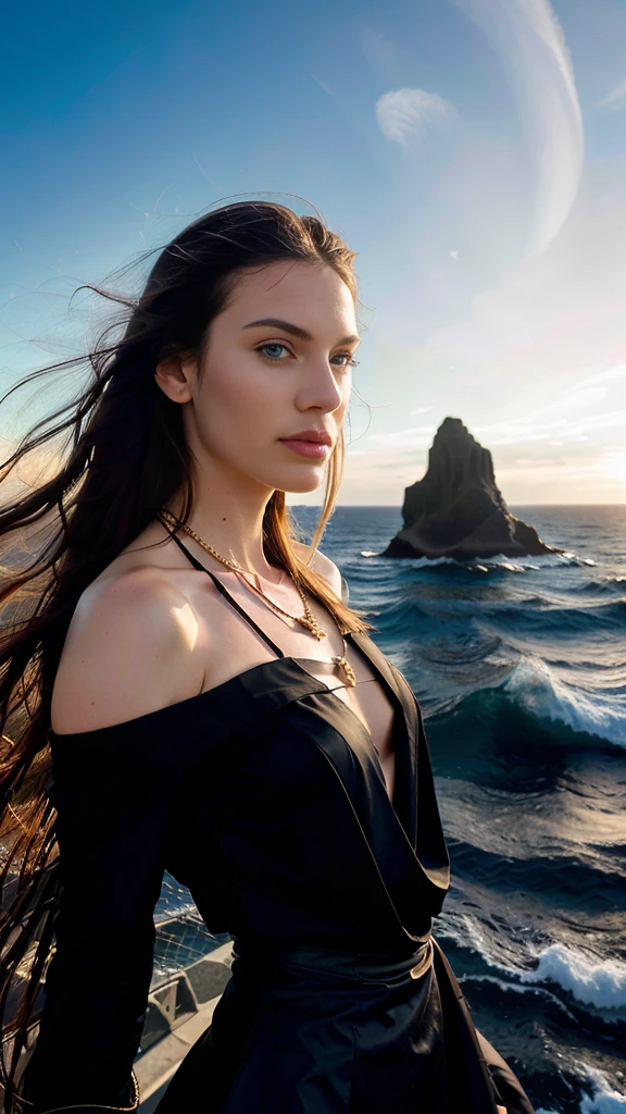 hyper realistic, stunning woman ,beautiful perfect bright Blue eyes, very beautiful mesmerizing face,windy day, Golden bracelets and necklaces, long hair is waving in the wind ,(official art, beautiful and aesthetic:1.2), extremely detailed, highest detailed, pale skin, the creamy smooth skin,( long monolith blocks and columns, star and nebulas at the horizon , calm sea at the scene), black dark post- modern dress is waving at the wind, strong light, backlighting, withered vegetation, thread, glass, strong shadow, close-up, fog, futuristic fashion, modern art, movement, Post-apocalyptic, Biofabric, Gothic wind,bright light on face , sunset , yellowish red rays at the sky , close up photo