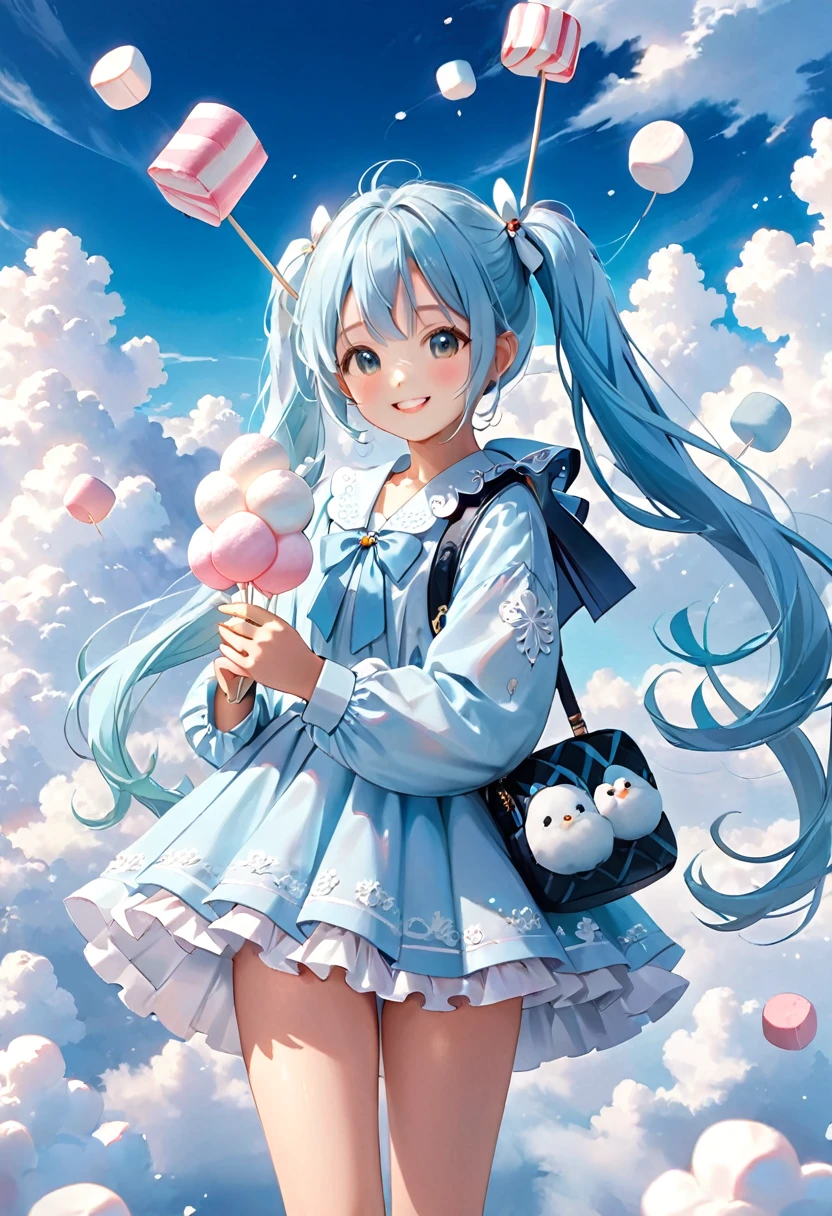 fluffy, soft ((Highest quality)), ( Very detailed, Best details, Beauty and aesthetics: 1.2), whole body, (a bit), (Beautiful and detailed: 1.3), (wonderful:1), Colorful clouds blurred background、 fluffy, soft ((Highest quality)), ( Very detailed, Best details, Beauty and aesthetics: 1.2), composition, whole body, (a bit), (Beautiful and detailed: 1.3), (wonderful:1), Colorful clouds blurred background,One girl, Beautiful girl with long light blue hair and twin tails, eating fluffy marshmallows, bright smile, white fluffy costume