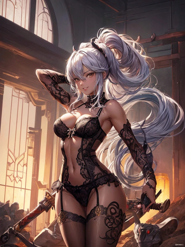 (masterpiece:1.8),(super high quality:1.5),(highest quality:1.5),(8K:1.5),(Ultra-fine illustration:1.5),(very clear image:1.5),(super detailed:1.5),(very beautiful girl illustration:1.8),(the cutest and sexiest girls:1.5),(smile:1.5),(Beautifully rendered lingerie in ultra-high resolution:1.8),(metallic gold lingerie:1.5),(Metallic gold see-through body stockings:1.5),(sexy pose:0.5),(arm behind head:1.5),(contrasting:1.5),(Rear view:0.5),(luxury,euro style bedroom:1.2),(cowboy shot:1.6),(dynamic angle:1.0), man with a sword standing in front of a demon, demon samurai warrior, demon samurai, shinigami, samurai with demon mask, anime epic artwork, afro samurai anime style, detailed anime artwork, skeleton warrior, afro samurai animes style, detailed anime art, akiyuki shinbou, oni, scary detailed art in color, anime fantasy artwork