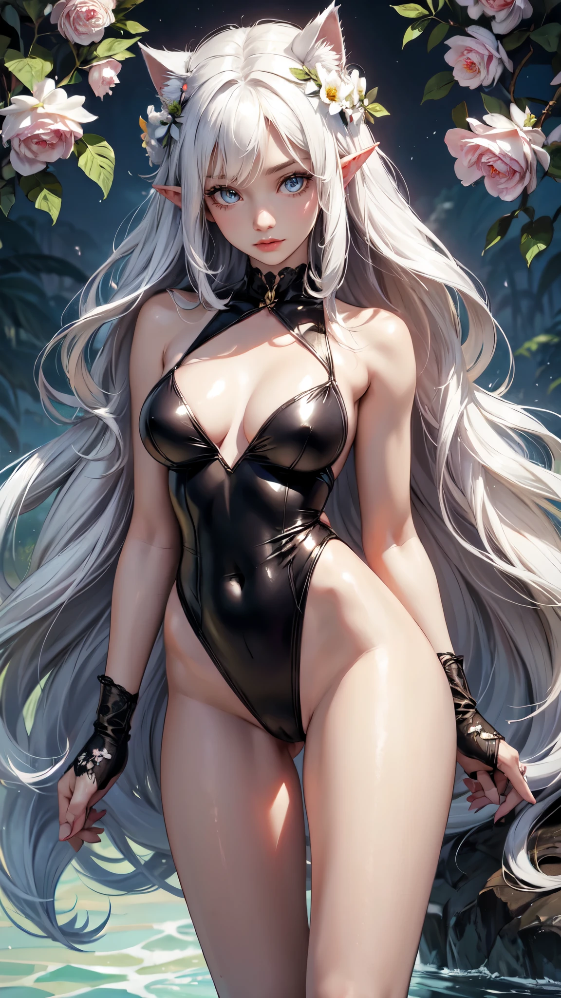 Cat Girl Beauty Swimsuit Big Open Legs Long Hair White Hair,darkness,full body,detailed eyes, detailed hands, detailed eyes, elf woman, flowers
