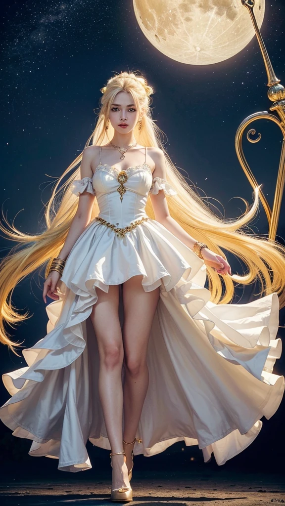 pretty girl, masterpiece, Highest Quality, (Solo full body Focus), (Perfect face:1.1), (high detailing:1.1), (ultradetailed eyes), Dramatic, woman with pale skin and long voluminous yellow hair, blue eyes, Solo, Long hair, Moon, Night, white luxury long drees with frills, Covered navel, Pouty lips, arrogant expression, rose garden, Detailed background, Art by Artgerm, Cinematic lighting, roses, Fashion, BalenciagaStyle, full body, long drees, magical girl, long yellow hair with two high pony tail, full body details, two leg, two arm, holding moon staff, moon scepter, high heels, white dress, magical dress, hourglass figure, small nose, red lips, small nose, white skin, earrings, rings, necklace, bracelet, jewelry, full body details, long white dress with frills and gold details, gold details, on her forehead gold moon symbol, in her hands long moon Staff scepter, magical girl, long wavy yellow hair with two high pony tail, on the dress frills, long moon Staff A little pretty , big breasts, big , realistic picture, white dress with frills, gold jewelry, gold details on the dress, hourglass figure, long dress with frill, yellow hair, two high long pony tail,