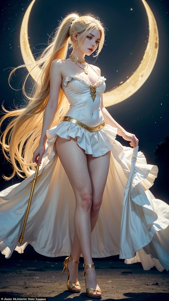 pretty girl, masterpiece, Highest Quality, (Solo full body Focus), (Perfect face:1.1), (high detailing:1.1), (ultradetailed eyes), Dramatic, woman with pale skin and long voluminous yellow hair, blue eyes, Solo, Long hair, Moon, Night, white luxury long drees with frills, Covered navel, Pouty lips, arrogant expression, rose garden, Detailed background, Art by Artgerm, Cinematic lighting, roses, Fashion, BalenciagaStyle, full body, long drees, magical girl, long yellow hair with two high pony tail, full body details, two leg, two arm, holding moon staff, moon scepter, high heels, white dress, magical dress, hourglass figure, small nose, red lips, small nose, white skin, earrings, rings, necklace, bracelet, jewelry, full body details, long white dress with frills and gold details, gold details, on her forehead gold moon symbol, in her hands long moon Staff scepter, magical girl, long wavy yellow hair with two high pony tail, on the dress frills, long moon Staff A little pretty , big breasts, big , realistic picture, white dress with frills, gold jewelry, gold details on the dress, hourglass figure, long dress with frill, yellow hair, two high long pony tail,