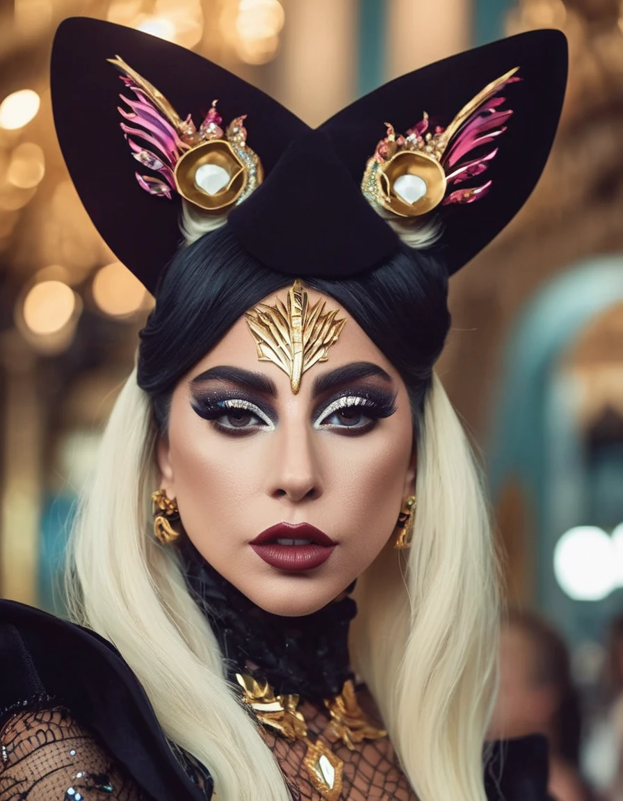 lady gaga dressed in an extravagant costume inspired by Pancham pokemon,  (best qualityer, realisitic, realisitic,, (Highly detailed face and skin texture), (fully body), (Complicated Detail: 1.2), (finely detail), (Complicated Detail), (cinematic lights, luz de fundo de best qualityer), lines sharp, sharp focus, offcial art, unity 8k wallpaper , absurdrez, unbelievably absurd, huge filesize, ultra girl , Fantasyart, RTX,((Closing-up photo by award-winning studio)), , (Shut your mouth), , perfect hands, beautiful detailed eyes, rosto perfeito fully body)