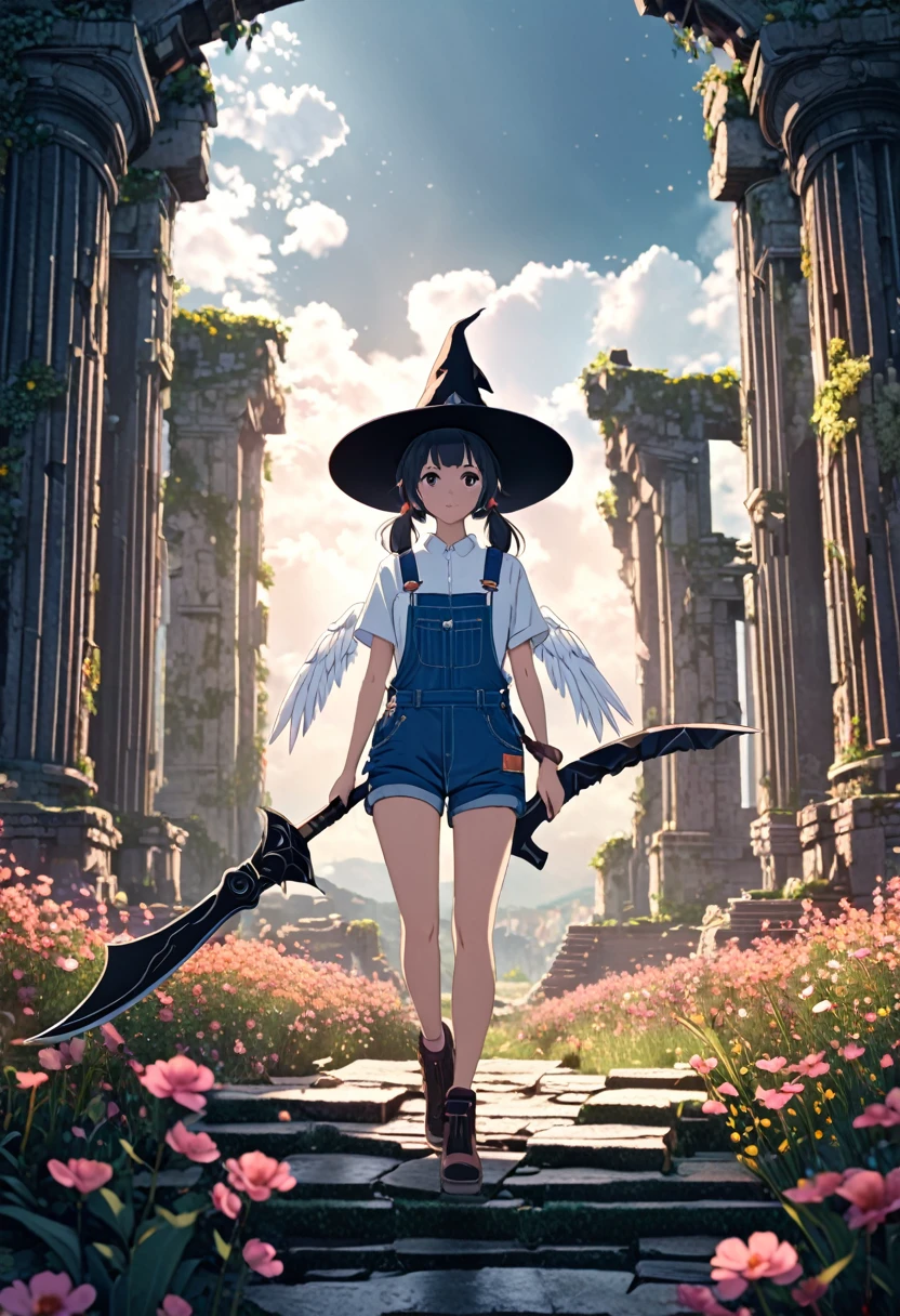 a girl with twin tails wearing a white shirt, overalls, with angel wings and a witch hat, holding a sci-fi scythe, standing in ancient ruins surrounded by flowers, intricate details, cinematic lighting, fantasy, anime style, 8k, high quality, dynamic scene, nsfw