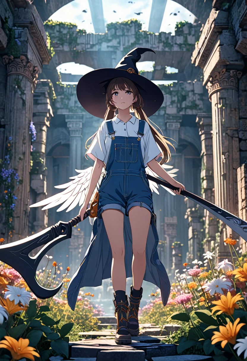 a girl with twin tails wearing a white shirt, overalls, with angel wings and a witch hat, holding a sci-fi scythe, standing in ancient ruins surrounded by flowers, intricate details, cinematic lighting, fantasy, anime style, 8k, high quality, dynamic scene, nsfw