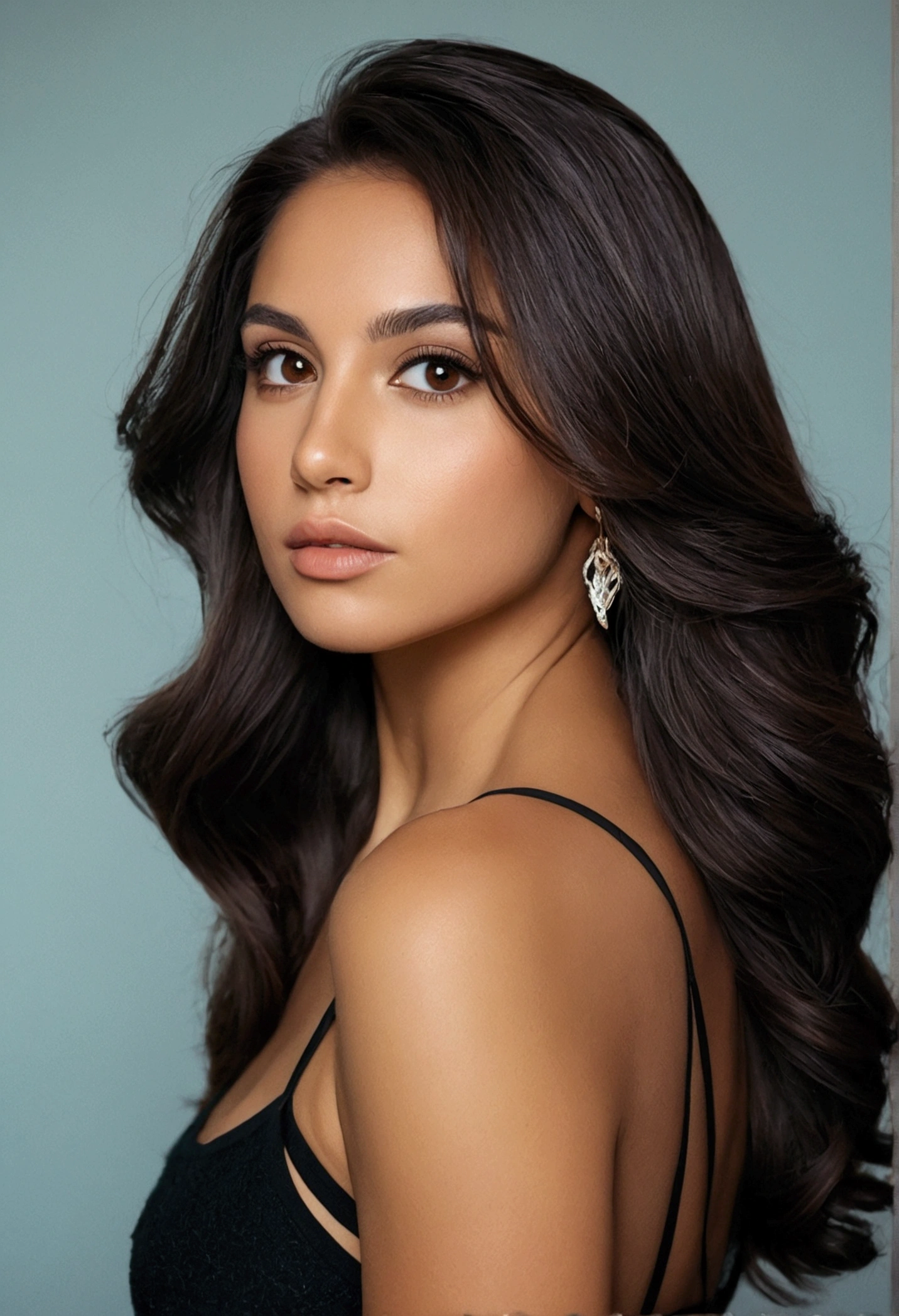 arafed, femme, longs cheveux bruns, maquillage naturel, latina regard face caméra, maquillage subtil, buste visible, bel angle, pose confiante, poitrine moyenne, bras toniques, déesse brune, Mince, construire, le réalisme, Photoréaliste, Contraste élevé, texture de peau réaliste, 4 Appareil photo Kodak Portra 400 F1.6 lentilles riches en couleurs, texture ultra réelle., Éclairage dramatique