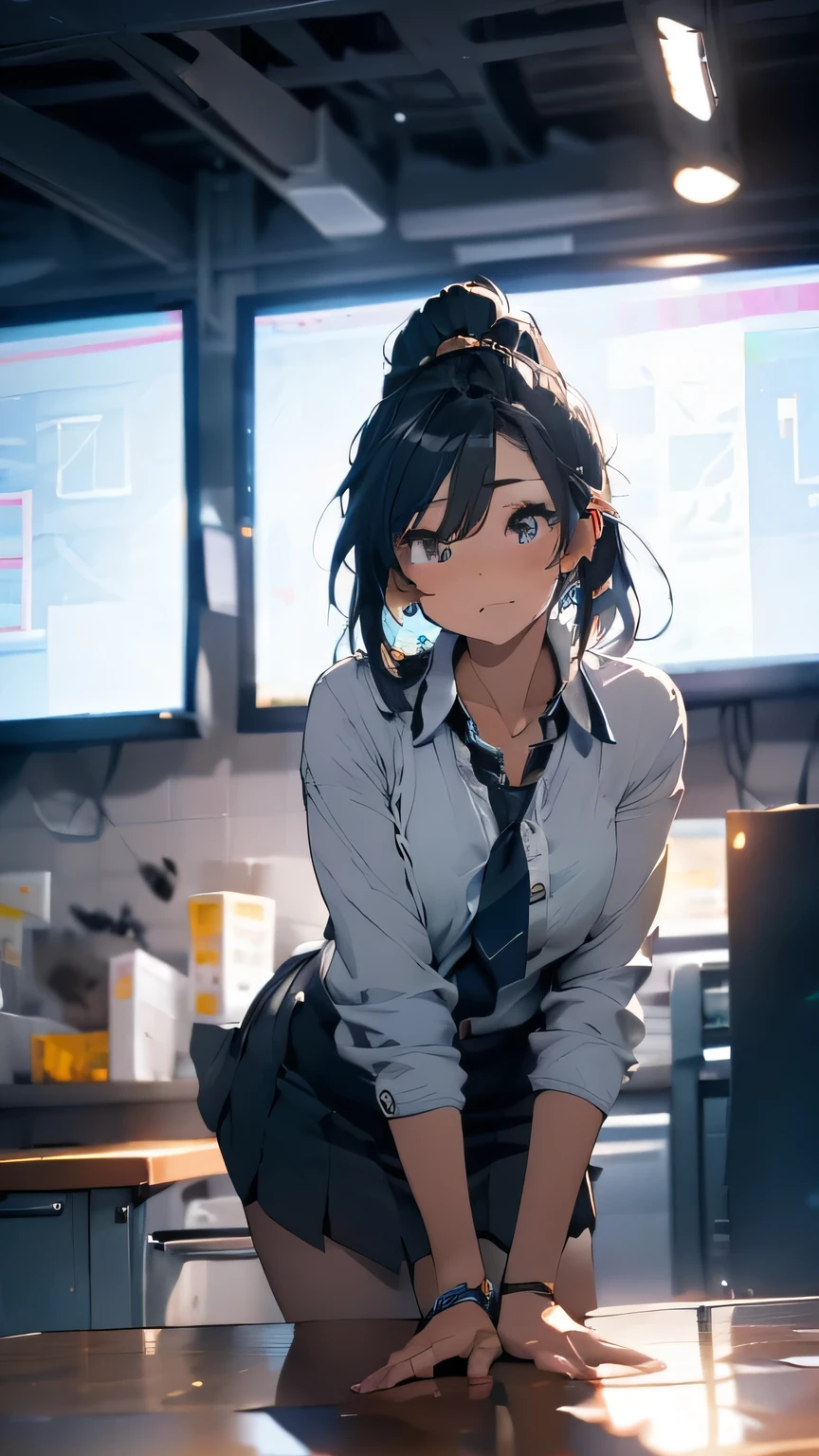 (Very detailed CG Unity 8K 壁紙),(masterpiece), (Highest quality), (Very detailed), (Best illustrations),(Best Shadow), Large Breasts,16 years old,Leaning forward、White blouse,Blue tie,Checked mini skirt（With white panties、Showing your audience）,beige cardigan,Dynamic Angle