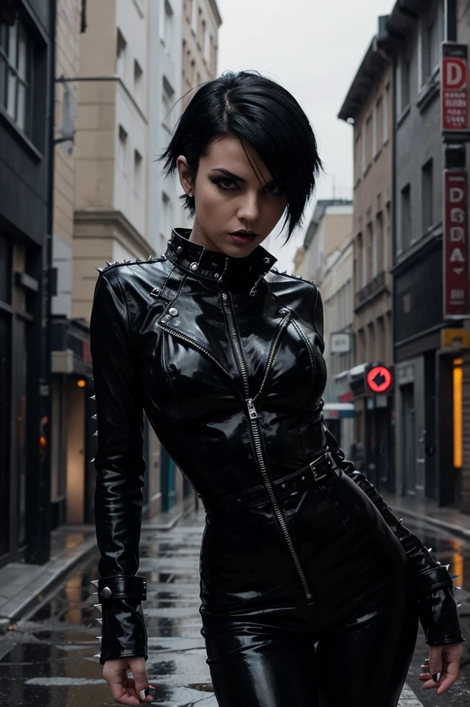 sexy punk rocker Vampire girl with black spiky hair dressed in black bondage leather open catsuit leans against a wall at night in the rain on a deserted city street