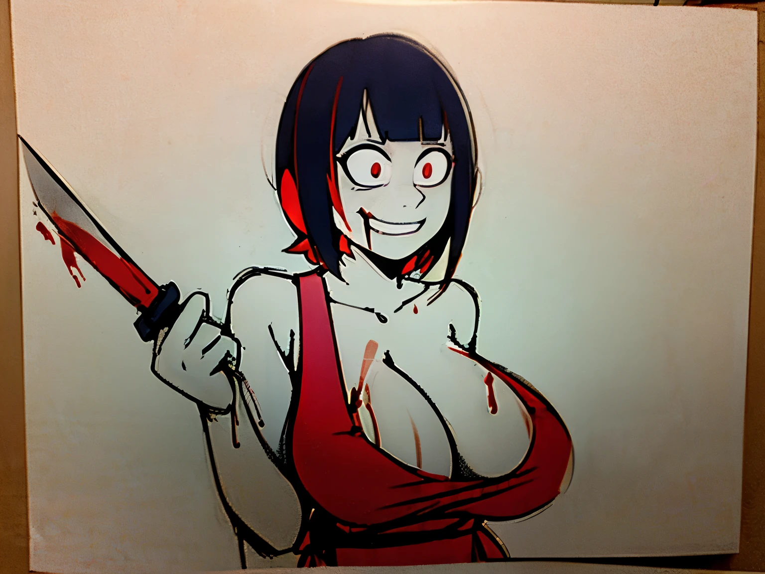 (masterpiece:1.3) 1girl, (female serial killer:1.5) (skinny with an ugly double_chin:1.3) working at Walmart, wearing an apron with topless under the apron, wide eyes, blood stains on clothes, big evil smile, (holding a knife:1.3), horror Walmart background, florescent grocery store lighting, deep shadows , extreme details, , complimentary lighting colors, deep skin, , brightly colored composition, "constricted pupils, small pupils, yellow glowing eyes", , knife, topheavy, ((Knife Wielding) psychotic, crazy smile, , constricted pupils, small pupils