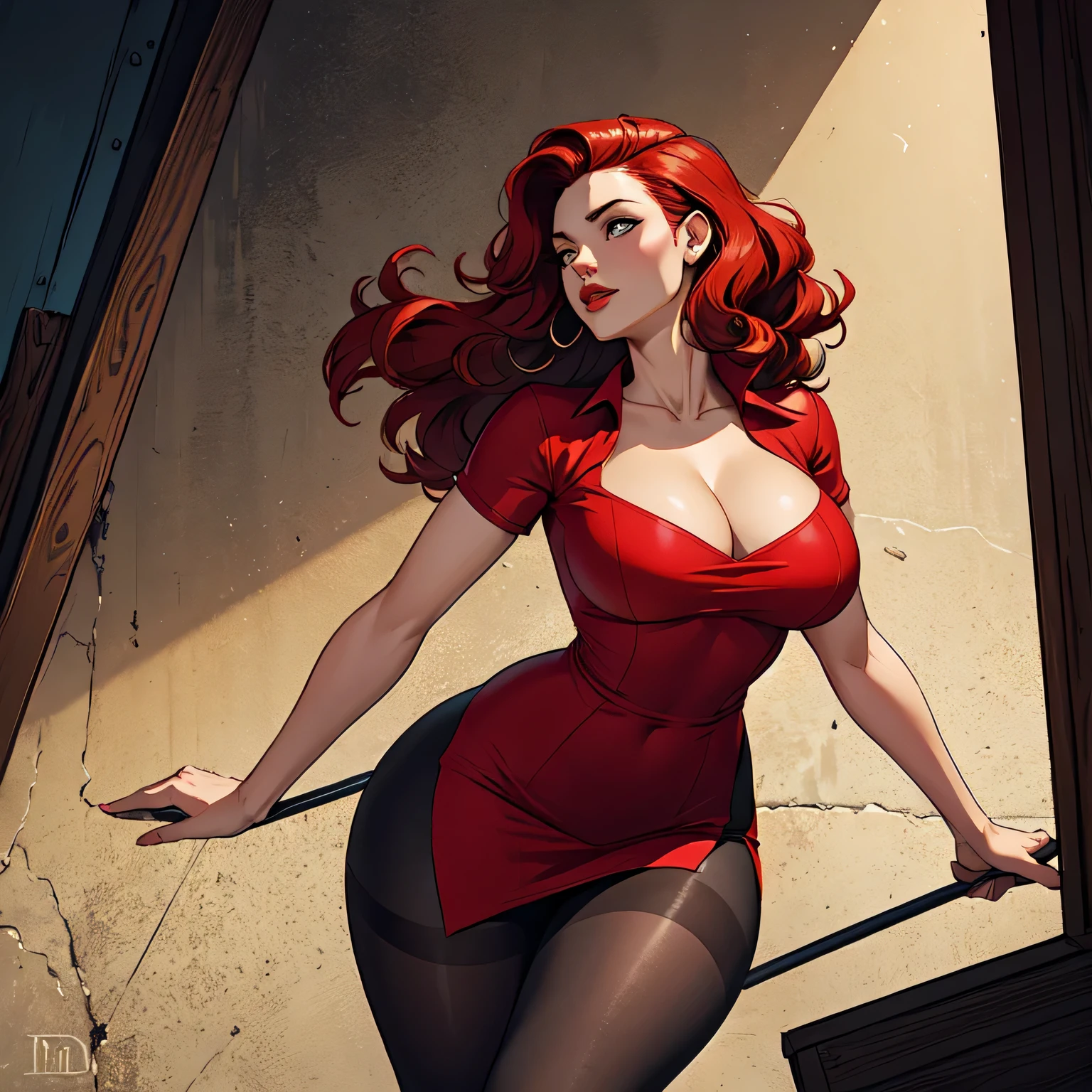 Woman,standing alone,Poster,stare, curly red hair, dress with slit, pantyhose,(((dynamic angle)))