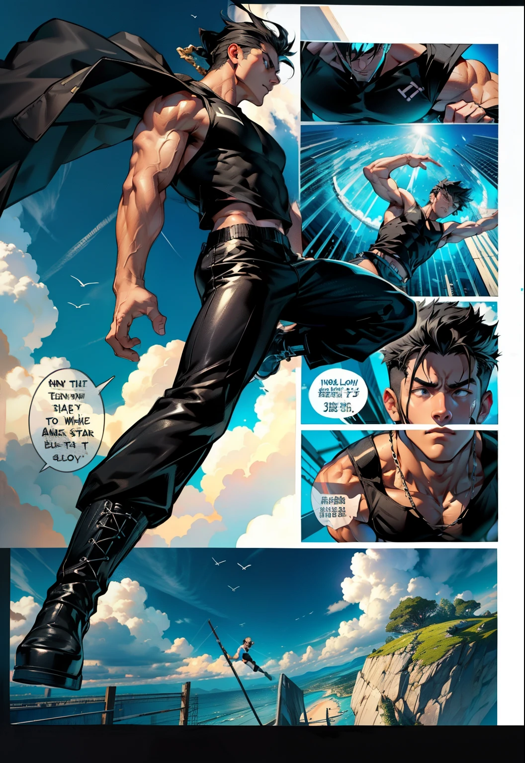 boys 26 Years old, Serious face, muscular, ((black singlets)), black pants, black hair, floating on air, levitate on sky, blue sky, cloud