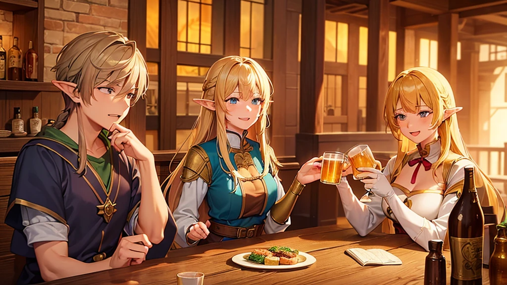 in a medieval world isekai in a tavern restaurant, Spotlight, a young smiling elf woman with long blonde hair and pointed ears, wearing a traditional costume and holding a mug of beer. Warm, golden sunset lighting creates a cozy and festive atmosphere. Detailed and vibrant animation style, reminiscent of the works of Studio Ghibli mixed with elements of role-playing games. Rich, saturated colors, especially in warm tones: golden, brown, green and blue. Meticulous attention to background details and textures. The general atmosphere is happy and magical, capturing the essence of a fantasy world in full celebration