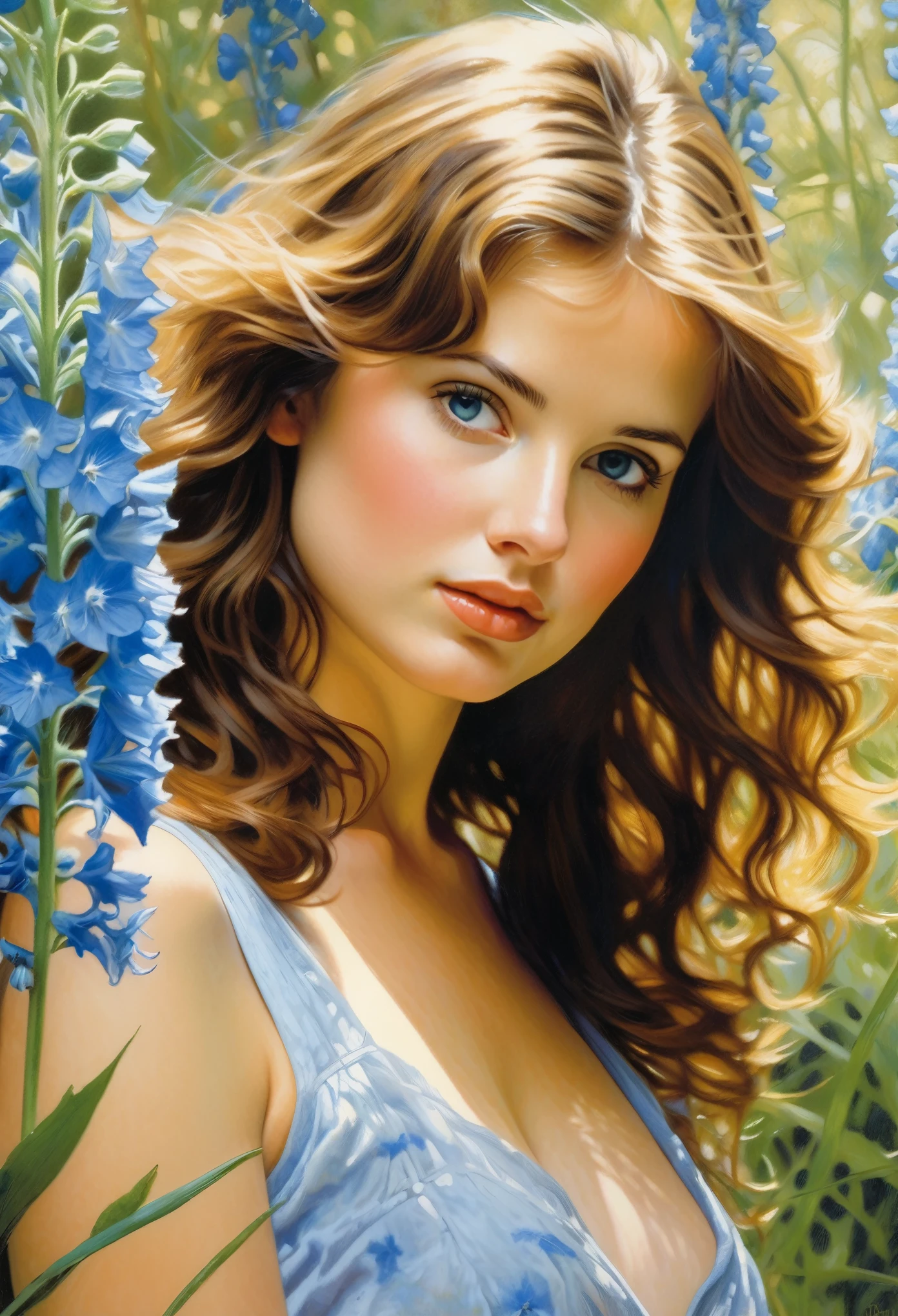 attractive young girl in the thicket of delphinium ((Steve Hanks style)), ((oil painting)), Bright color, ((tmasterpiece)), Impression, Extreme Detail, perspective, 8k