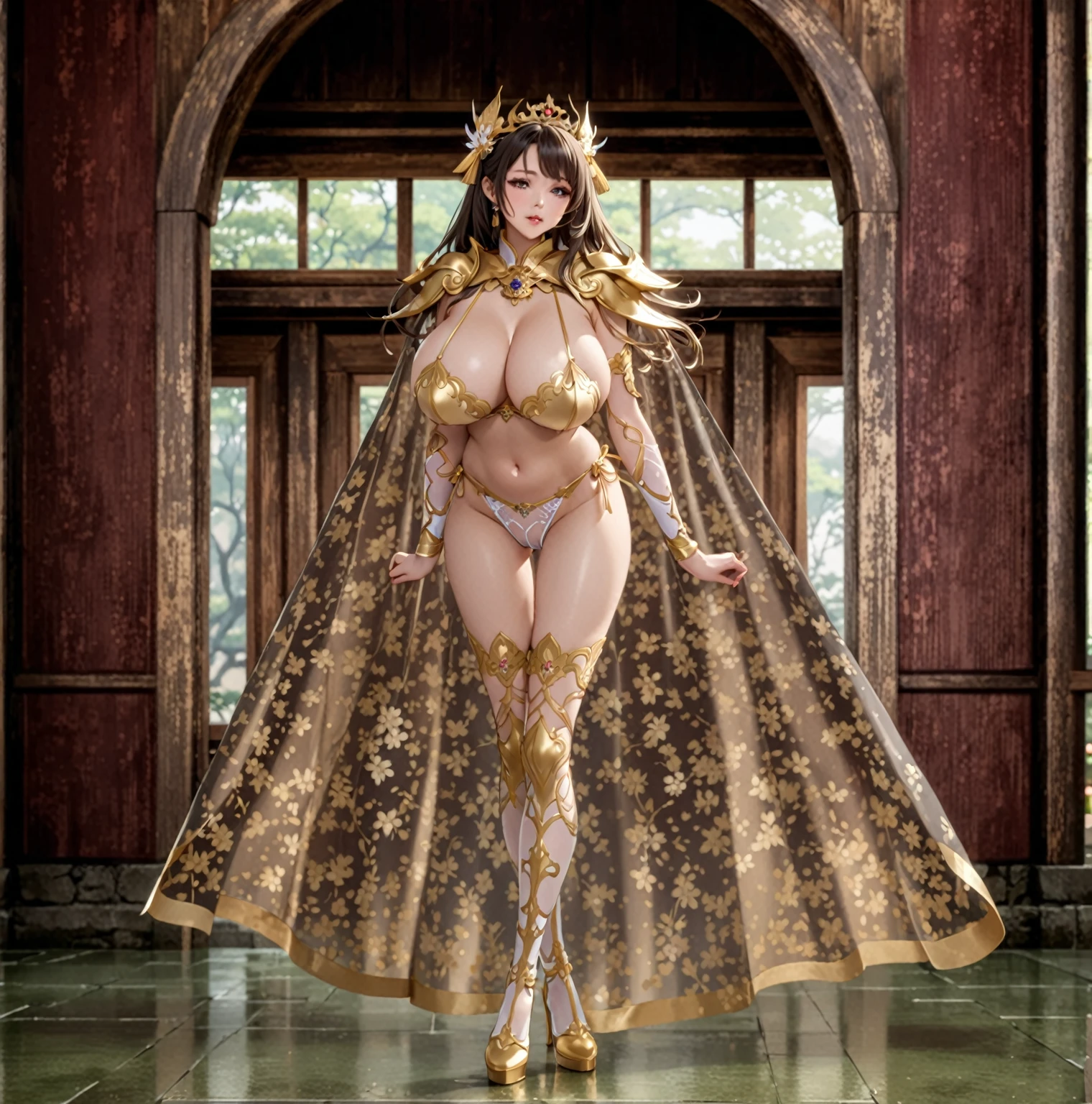 Anime style image of woman wearing sexy lingerie and cape, Full body fairy, Beautiful fantasy queen, She exhibits sexual arousal and intense desire,Transparent underwear,Sheer clothing,high-cut underwear,Huge breasts,girl,诱人的动漫girl, Hino Rei plays the princess, A masterpiece from Koizumi, White boots,Full body details, Japanese Goddess, palace , 穿汉服的girl, Very popular on cgstation