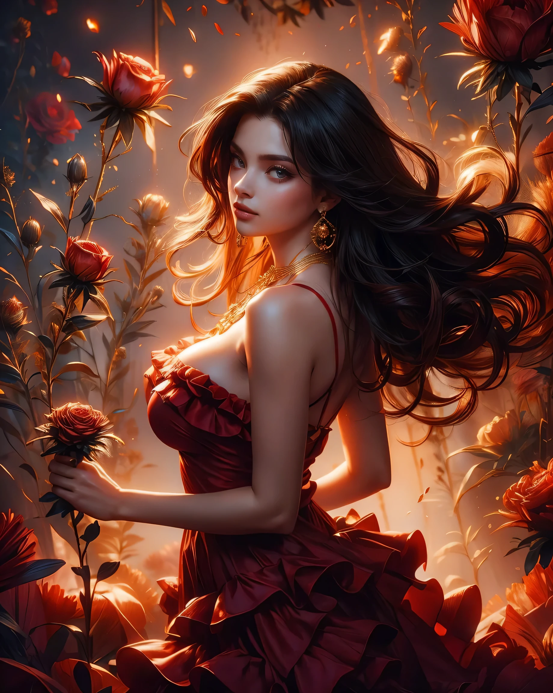 Beautiful brunette woman, 25 years old, stunning body, expressive and clear face, crystal clear eyes, full mouth, long dark curly hair, happy, short red dress with ruffles and straps, large breasts, jeweled gold earrings and necklace, dark background with roses red, light in the background, light falling on the hair from behind, perfect hands, a breathtaking image, 8k, HDR.