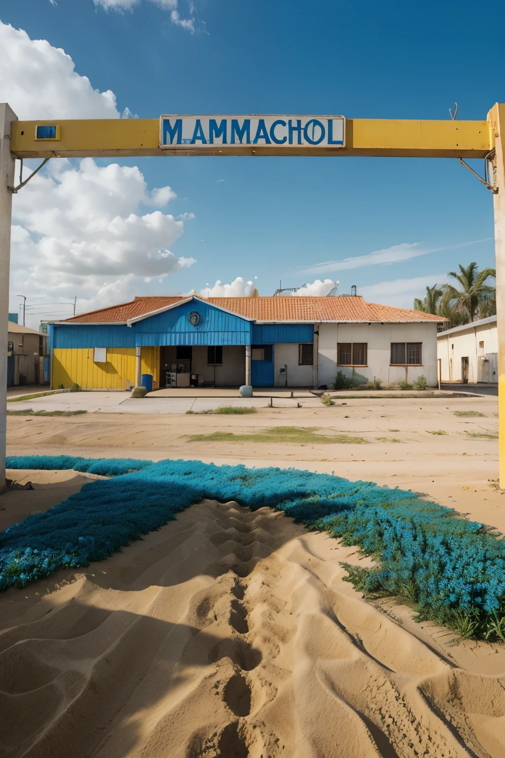 make an image like real life, where a yellow and blue factory is displayed and has a letter sign that says "Tampico", the ground has to be visualized.