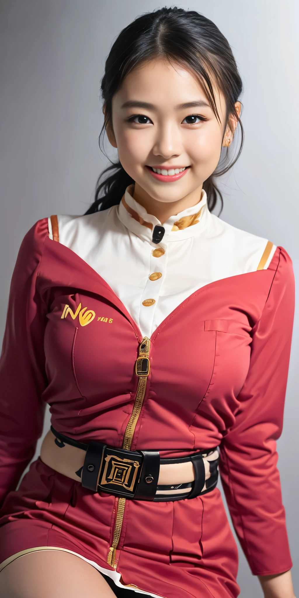 (8k、Raw photography、Highest quality、masterpiece:1.2),(Black Hair、Dark Eyes:1.9),(:1.6)、View your audience,Viewed from the front,White skin,(:1.4)、(Tight waist:1.6)、(Clothes that accentuate the shape of the breasts:1.0)、(Big Breasts :1.3)、Slim figure、Ultra-high resolution,beautiful,beautiful fece,(One person、No background:1.9),whole bodyボディー,Japanese women,(reality的:1.37)、Photon Mapping,reality、(Baby-faced and cute: 1.4)、(Cute Smile: 1.8)、(Round face: 1.8)、Radio City、Physically Based Rendering、Depth of field rally background、photograph, (I can see your knees、Thigh close-up:1.8),(:1.6),whole body、Great quality