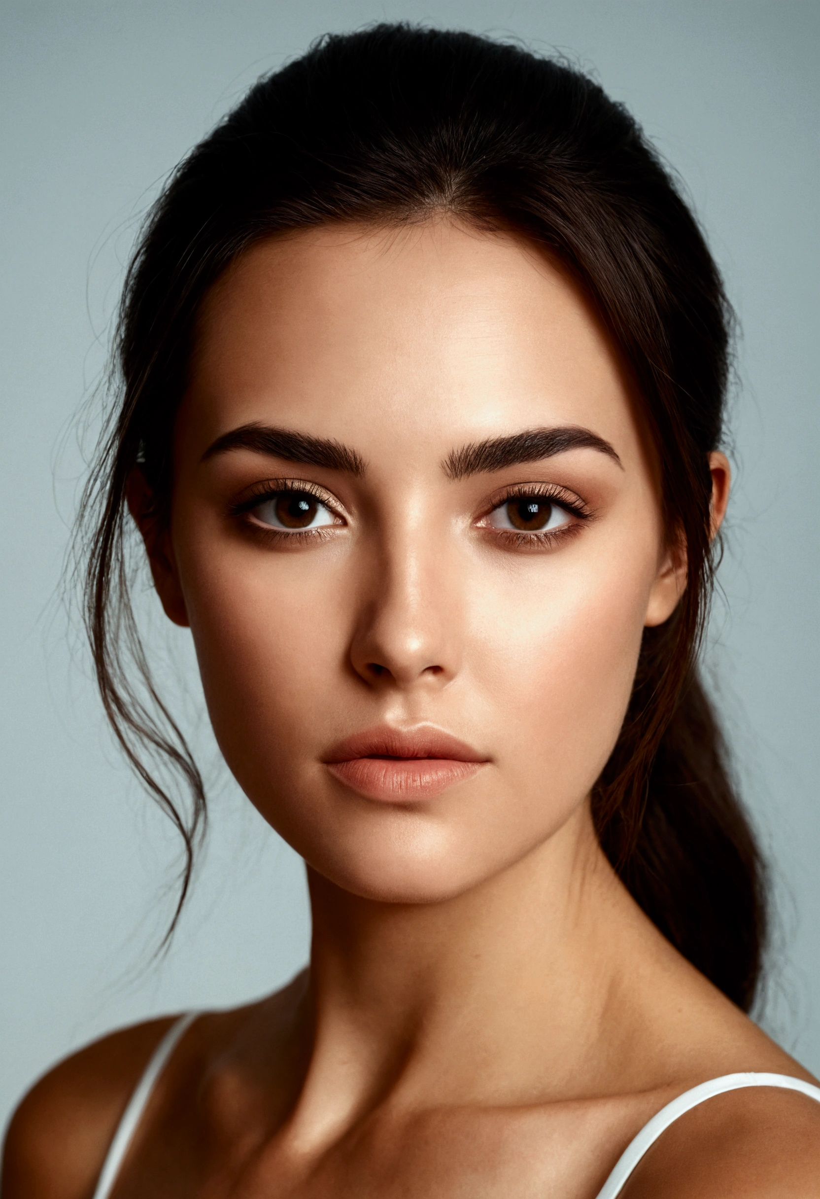 arafed, femme, longs cheveux bruns, maquillage naturel, regard face caméra, maquillage subtil, tout le corps, bel angle, pose confiante, poitrine moyenne, bras toniques, déesse brune, Mince, construire, le réalisme, Photoréaliste, Contraste élevé, texture de peau réaliste, 4 Appareil photo Kodak Portra 400 F1.6 lentilles riches en couleurs, texture ultra réelle., Éclairage dramatique