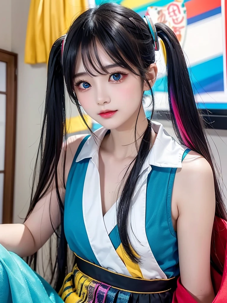 40-year-old Japanese woman、Black Hair、Hair is very short、Twin tails、Hatsune Miku Costume、Headphones、Flat Chest、Realistic photos、Realistic、8K quality、expensive、No bangs、High resolution, Highest quality, Anatomically correct, Winner of numerous awards, looking at the audience, large watery eyes, (rainbow colored hair：1.6), color splash, （独奏：1.8）, color splash, color explosion, thick paint style, messy lines, ((shining))，(colorful), (colorful), (colorful), colorful, Thick Paint Style, (Splash) (Color Splash), Vertical Painting, Upper Body, Paint Splash, Acrylic Pigment, Gradient, Paint, Highest Image Quality, Highest Quality, Masterpiece, 独奏, Depth of Field (elegant: 1.3), (((masterpiece))),(((best quality))),((ultra-detailed)),(illustration),(dynamic angle),((floating)),(paint),((disheveled hair)),(独奏),(1girl) , (((detailed anima face))),((beautiful detailed face)),collar,bare shoulders,white hair, ()),((streaked hair)),beautiful detailed eyes,(Gradient color eyes),(((colorful eyes))),(())),(((high saturation))),(((surrounded by colorful)、whole body、Figures、Sold in a box、doll